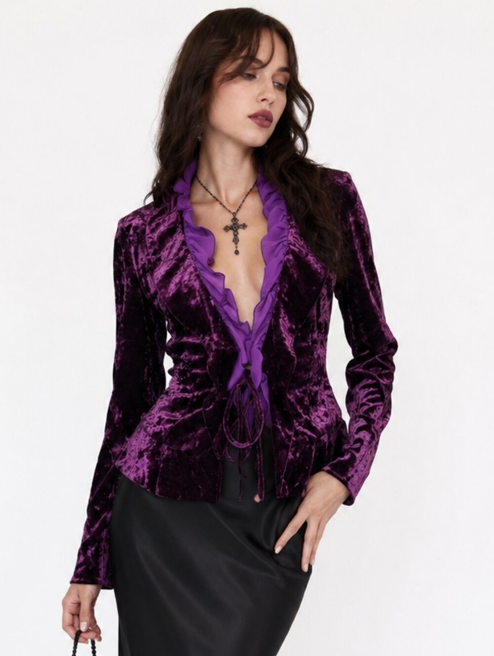 VintageJoseph Ribkoff Romantic Dark Coquette Purple Velvet Ruffle Blazer